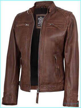 Lambskin Leather Cafe Racer Jacket, Zipper Closure, Adjustable Cuffs